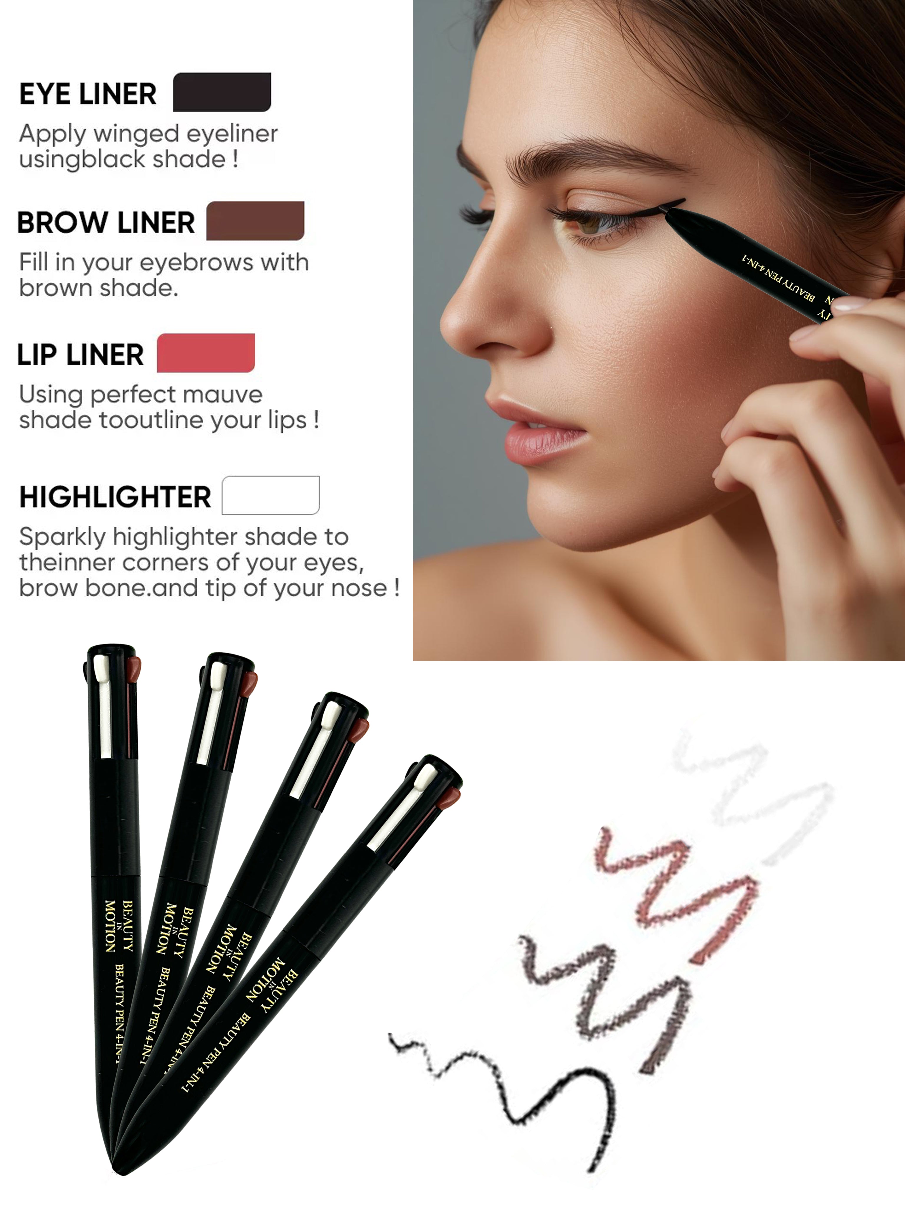 4 in 1 Makeup Pen–Eyeliner, Brow, Lip Liner & Highlighter